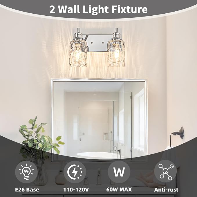 Bathroom Light Fixtures Over Mirror, 2 Lights Vanity Lights with Hammered Glass Shade, 12.7" Chrome Farmhouse Bathroom Light Fixtures for Bedroom, Porch, Hotel, Mirror Cabinet