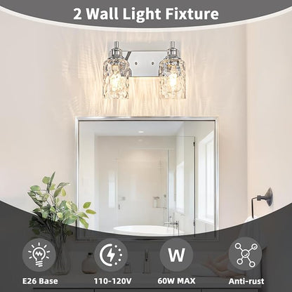 Bathroom Light Fixtures Over Mirror, 2 Lights Vanity Lights with Hammered Glass Shade, 12.7" Chrome Farmhouse Bathroom Light Fixtures for Bedroom, Porch, Hotel, Mirror Cabinet
