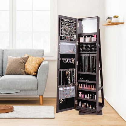 COSTWAY 360 Rotating Jewelry Armoire Cabinet, Standing Jewelry Organizer w/Full-Length Mirror & Large Storage Space, Lockable Mirror Jewelry Cabinet for Girls Women (Espresso)