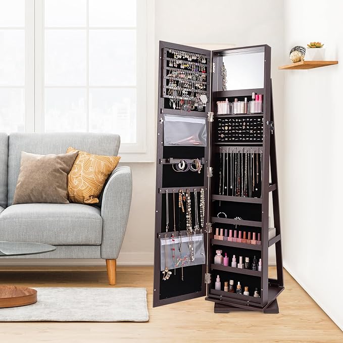 LOKO 360° Rotating Jewelry Armoire, Freestanding Jewelry Cabinet with Inside Makeup Mirror, 2-in-1 Lockable Jewelry Organizer w/Full-Length Mirror for Women (Espresso)