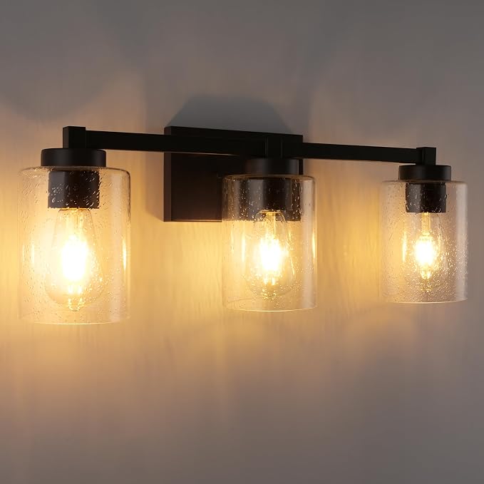Beionxii 25In Farmhouse Bathroom Light Fixtures,Rustic Vanity Light Fixture | 3-Light Bathroom Vanity Light Fixture, Seeded Glass Shade, Oil Rubbed Bronze Over Mirror for Bathroom Living Room, BXMB9002-3