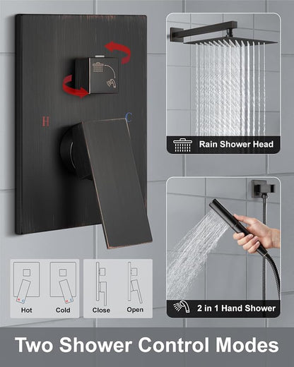 Aolemi Shower System with Rain Head and Handheld,10-Inch,Bronze | High-Pressure Shower Faucet Set with Dual-Function Handheld,Rough-In Valve,1.8 GPM,Wall-Mount Trim Kit