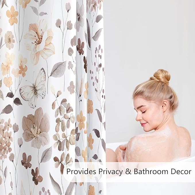 Brown Floral Shower Curtain, Fall Flower Fabric Shower Curtains for Bathroom, Taupe Wildflower Butterfly Cloth Shower Curtain Set with Hooks, 72x72