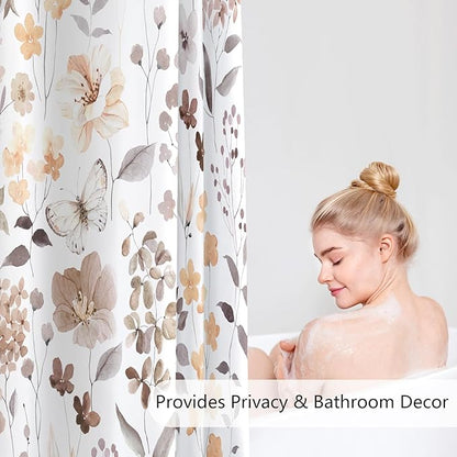 Brown Floral Shower Curtain, Fall Flower Fabric Shower Curtains for Bathroom, Taupe Wildflower Butterfly Cloth Shower Curtain Set with Hooks, 72x72