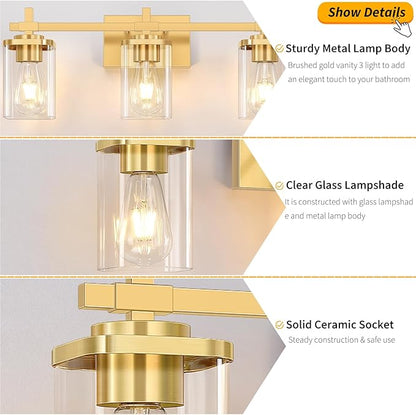 3-Lights Gold Bathroom Light Fixtures, Bathroom Vanity Light Over Mirror, Brushed Gold Wall Lights with Glass Shades, Indoor Wall Mounted Lamp for Living Room Bedroom Hallway