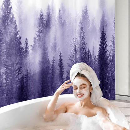 ORTIGIA Purple Misty Forest Shower Curtain for Bathroom, Nature Woodland Shower Curtain Set with Hooks, Decorative Pine Tree Fog Magic Bath Curtain for Home, Waterproof Fabric, Weighted, 72x72