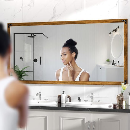 Hasipu Farmhouse Bathroom Mirror, 60"x30" Rustic Wood Framed Wall Mounted Mirror, Walnut Vintage Vanity Mirror Modern Farmhouse Style Decrative Mirrors