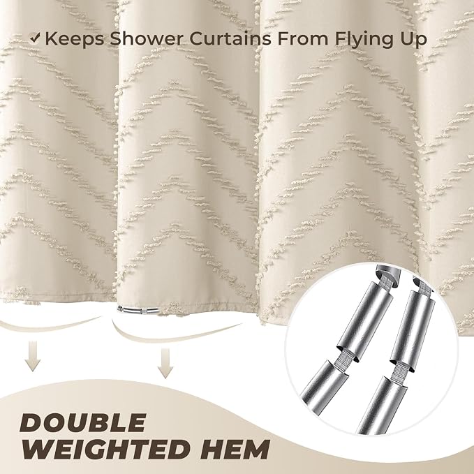 Small Stall Beige Boho Fabric Shower Curtain, 36x72 Half Size, Textured Tufted Chevron Striped Minimalist Cloth Bathroom Shower Curtain