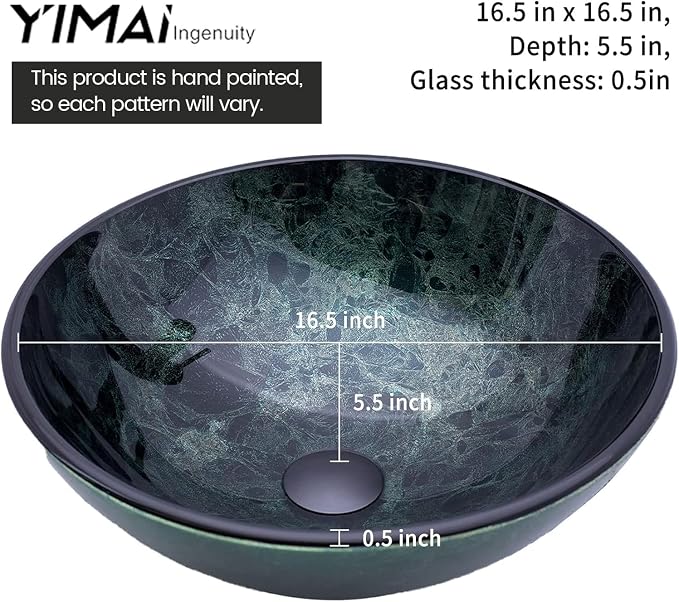 Vessel Sink 16.5" Bathroom Sinks Tempered Glass Green Art Basin Round Bowl with Faucet Combo Green,Countertop Bowl Sink for Lavatory Vanity Cabinet
