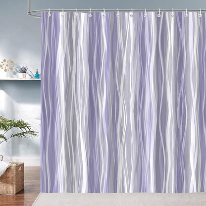 Moonslim Purple Lavender Grey Ombre Shower Curtain, Modern Wavy Abstract Striped Line Bathroom Curtain, Waterproof Fabric Bath Decor, 72 x 72 Inch