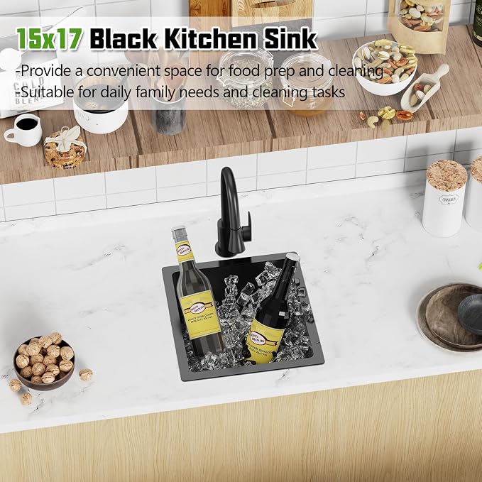 Black 15x17 In Undermount Kitchen And Bar Sink- Stainless Steel Single Bowl Kitchen Sink Modern Drop In Bar Sink With Silicon Mat,Drain Strainer Set Compatibility With Various Kitchen & Bar Style