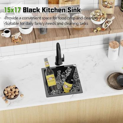 Black 15x17 In Undermount Kitchen And Bar Sink- Stainless Steel Single Bowl Kitchen Sink Modern Drop In Bar Sink With Silicon Mat,Drain Strainer Set Compatibility With Various Kitchen & Bar Style