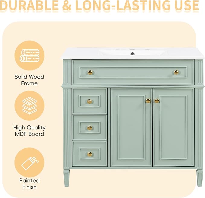 36" Bathroom Vanity Cabinet with Ceramic Countertop Sink Combo Set, Solid Wood Frame, Tilt-Out Drawers and Left Side Drawers, Soft Closing Door Hinges, Modern Style, Green