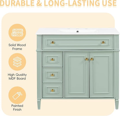 36" Bathroom Vanity Cabinet with Ceramic Countertop Sink Combo Set, Solid Wood Frame, Tilt-Out Drawers and Left Side Drawers, Soft Closing Door Hinges, Modern Style, Green
