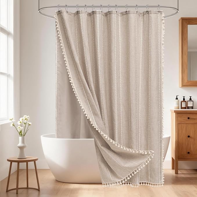 Seenus Boho Farmhouse Shower Curtain and Fabric Liner Set, Heavyweight Linen Textured Fabric Shower Curtain Taupe with Tassels, 2 in 1 Waterproof Fabric Shower Curtain Set for Bathroom, 72x72 Inch
