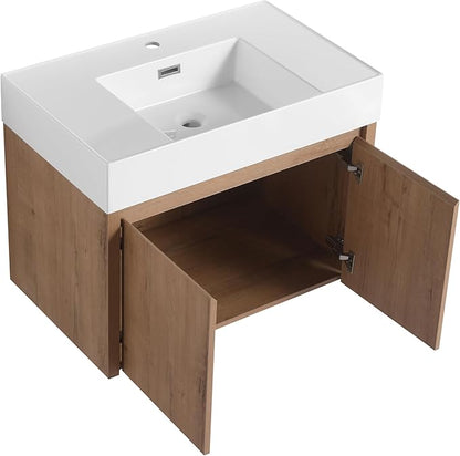 Malwee 30 Inch Floating Bathroom Vanity with Sink, 30'' Single Sink Wall Mounted Bathroom Vanity, with 2 Doors and White Resin Basin Top, Wall Hung Storage Cabinet Set (035-30MA)