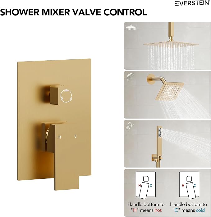 10" High-Pressure Rainfall Shower Faucet, Celling Mount Dual Shower Head System, Brushed Gold