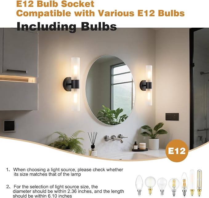 Bathroom Light Fixtures 2-Light, Modern Vanity Light for Bathroom, Wall Sconce with Frosted Glass Rods Shades, Hardwired Wall Light Fixtures for Living Room Bedroom Hallway (Black)