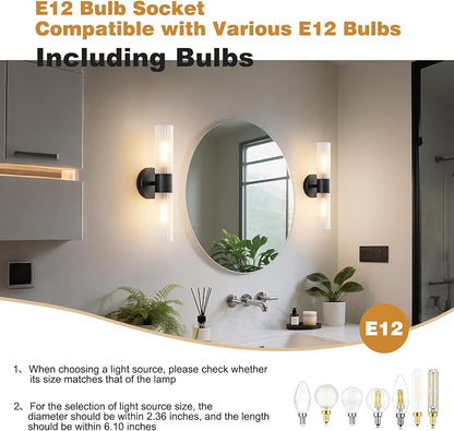 Bathroom Light Fixtures 2-Light, Modern Vanity Light for Bathroom, Wall Sconce with Frosted Glass Rods Shades, Hardwired Wall Light Fixtures for Living Room Bedroom Hallway (Black)