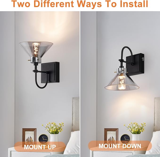 Modern Glass Gooseneck Wall Sconce, Dimmable Hardwired Vanity Light with Switch, Farmhouse Lamp for Bathroom Mirror Living Room Bedroom Kitchen