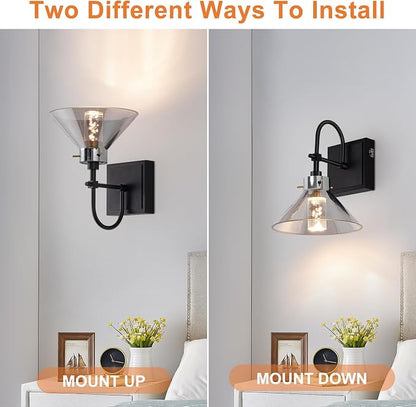 Modern Glass Gooseneck Wall Sconce, Dimmable Hardwired Vanity Light with Switch, Farmhouse Lamp for Bathroom Mirror Living Room Bedroom Kitchen