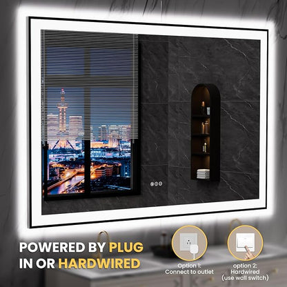 LOAAO 60"X40" LED Bathroom Mirror Black Framed | Anti-Fog, Dimmable, Memory Function, Tempered Glass, Lighted Vanity Mirror for Wall