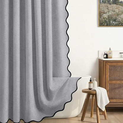 Scalloped Shower Curtain Linen Boho Flax Grey 72" W x 72" L | Linen Fabric, Black Border, Washable, Heavy Duty Cloth, Shower Curtain for Boho Farmhouse Bathroom Bathtub