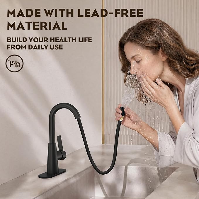 High Arc Bathroom Sink Faucet with Pull Down Sprayer, Tall Matte Black Single Handle Pull Out Faucet with Pop-Up Drain, 1 or 3 Hole Laundry Bar Basin Faucet with Deck Plate WE10CL-ZY-MB