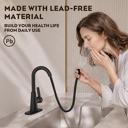 High Arc Bathroom Sink Faucet with Pull Down Sprayer, Tall Matte Black Single Handle Pull Out Faucet with Pop-Up Drain, 1 or 3 Hole Laundry Bar Basin Faucet with Deck Plate WE10CL-ZY-MB