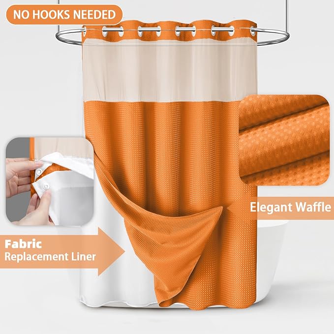 No Hook Shower Curtain and Liner Set,Orange Hotel Waffle Shower Curtain with Liner 75" L x 72" W