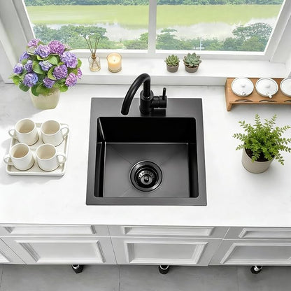 Black Bar Sink 15 Inch Modern Drop in Small Kitchen Sink with Faucet Combo Single Bowl Gunmetal Black RV Sink Stainless Steel Outdoor Sink