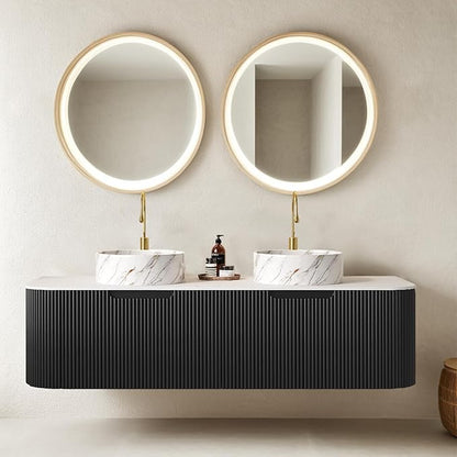 Ambrovina 60" Floating Bathroom Vanity with Double Sink, Modern Bathroom Vanities with Marble Countertop and Ceramic Sink, Soft-Close Design, Natural Solid Wood Cabinet, Pre-Assembled, Gloss Black