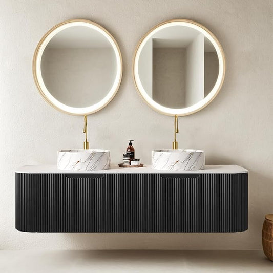 Ambrovina 60" Floating Bathroom Vanity with Double Sink, Modern Bathroom Vanities with Marble Countertop and Ceramic Sink, Soft-Close Design, Natural Solid Wood Cabinet, Pre-Assembled, Gloss Black
