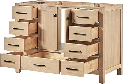 ARIEL Cambridge 48-inch Bathroom Vanity Base Cabinet,Solid Wood, 2 Soft Closing Doors, 9 Dovetail Drawers, White Oak