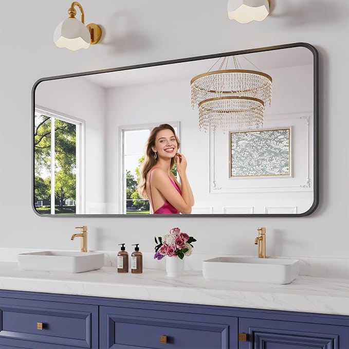 Koonmi Bathroom Mirror, 30X60 Inch Black Metal Framed Mirror for Bathroom, Tempered Glass, Anti-Rust, Rounded Rectangle Mirror for Restroom, Bedroom, Black