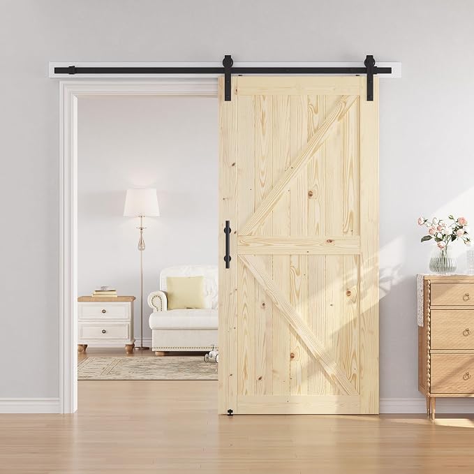 SMARTSTANDARD 42in x 84in Sliding Barn Door with 7ft Barn Door Hardware Kit Included, Unfinished Solid Spruce Wood Door, Assembly Required, DIY, Stainable, Natural | Unfinished Solid Spruce Wood Door, Assembly Required, DIY, Stainable, Natural