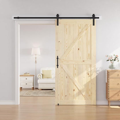 SMARTSTANDARD 42in x 84in Sliding Barn Door with 7ft Barn Door Hardware Kit Included, Unfinished Solid Spruce Wood Door, Assembly Required, DIY, Stainable, Natural | Unfinished Solid Spruce Wood Door, Assembly Required, DIY, Stainable, Natural