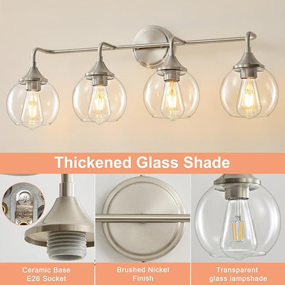 Bathroom Vanity Light with Clear Glass Shade, E26 Base 4-Light Bathroom Light Fixtures Over Mirror, 31 Inch Vanity Lights for Bath (Exclude E26 Bulb)