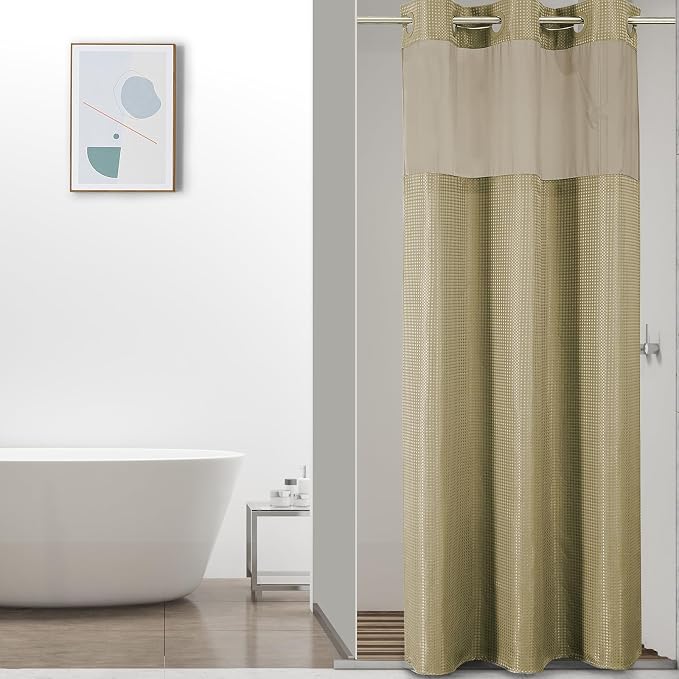 Colorful Star Beige No Hook Waffle Shower Curtain Set, 36" W x 75" L | Snap-In Fabric Liner, Mesh Top Window, Heavy-Duty Waffle Fabric, Waterproof Hotel Style Shower Curtain for Bathroom