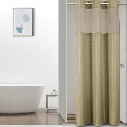 Colorful Star Beige No Hook Waffle Shower Curtain Set, 36" W x 75" L | Snap-In Fabric Liner, Mesh Top Window, Heavy-Duty Waffle Fabric, Waterproof Hotel Style Shower Curtain for Bathroom