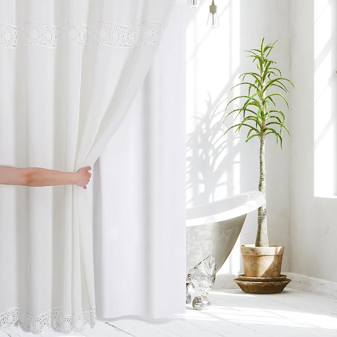 Linen Boho Lace Shower Curtain Liner Set 72x84 | Extra Long Farmhouse Shower Curtain with Macrame Decor, Cotton Bohemian French Country Bath Curtain , White