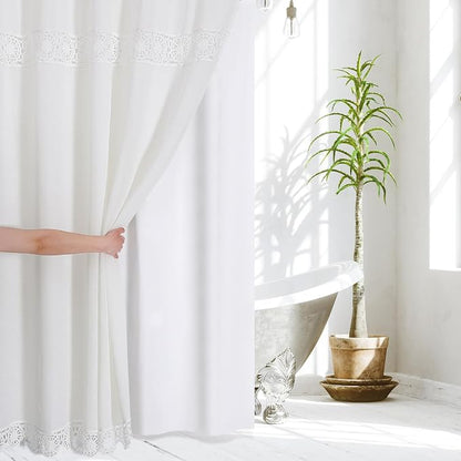 Linen Boho Lace Shower Curtain Liner Set 72x84 | Extra Long Farmhouse Shower Curtain with Macrame Decor, Cotton Bohemian French Country Bath Curtain , White