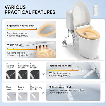 LEIVI Electric Bidet Toilet Seat with Wireless Remote and Side Panel, Multiple Spray Modes, Adjustable Heated Seat, Warm Water and Air Dryer, Auto LED Nightlight, Elongated