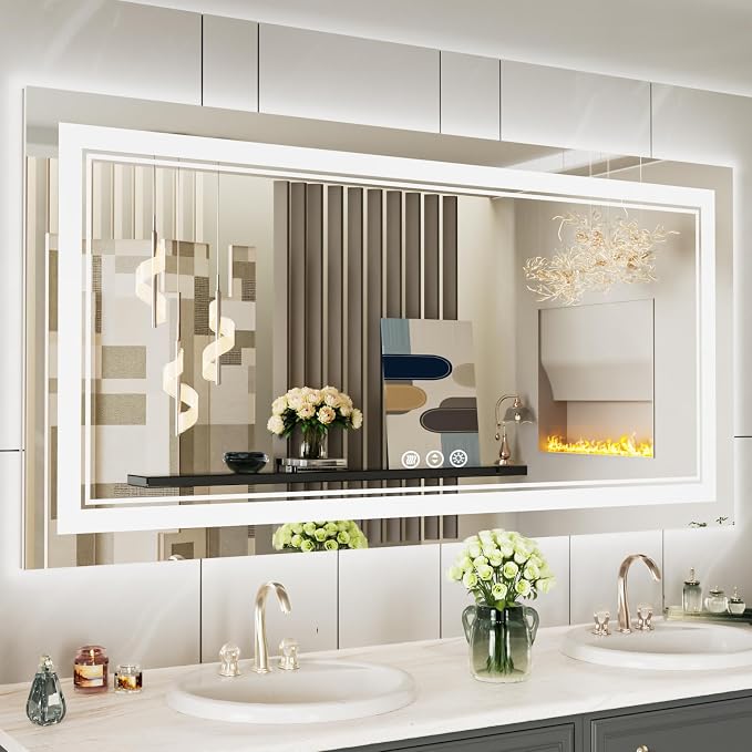 60x30 Inch LED Bathroom Mirror with Lights | Front and Backlit, 3 Colors, Dimmable, Memory, Anti Fog, Shatterproof, Horizontal/Vertical, Lighted Mirrors for Bathroom Wall