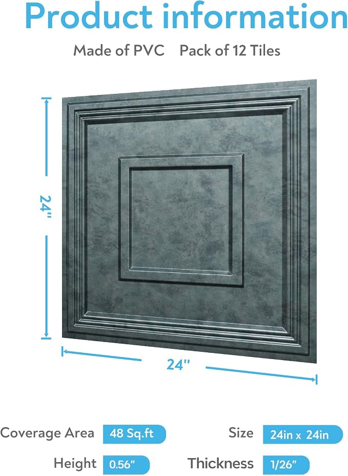 STICKGOO Glue-Up Ceiling Tiles, Antique Green Bronze, 24 x 24 in, 12 Pack | 2 x 2ft Drop ceiling panels, PVC decorative ceiling tiles, covers 48 sq ft, waterproof, lightweight