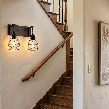 Somniferous Farmhouse Bathroom Light Fixtures, 2 Light Bathroom Vanity Light Over Mirror, Black Bathroom Light with Caged Metal Shade, Rustic Wall Sconce for Bedroom, Living Room, Hallway, E26 Socket