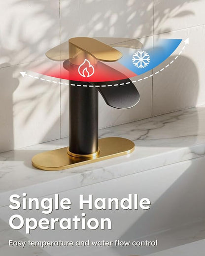 Waterfall Bathroom Faucet: WOWOW Black and Gold Modern Single Handle Bathroom Faucets for 1 or 3 Hole Bathroom Sink Faucet Mixer Tap Washbasin Faucet with Deck, Pop-up Drain and Supply Hoses