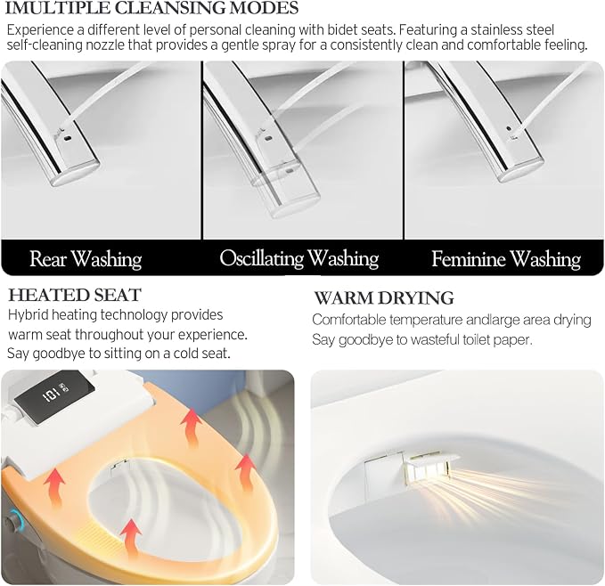 Electric Heated Bidet Toilet Seat with Remote, Elongated, X60L | Instant Warm Water, Heated Seat, Warm Air Drying, Slow Close Lid, LED Display, Nightlight