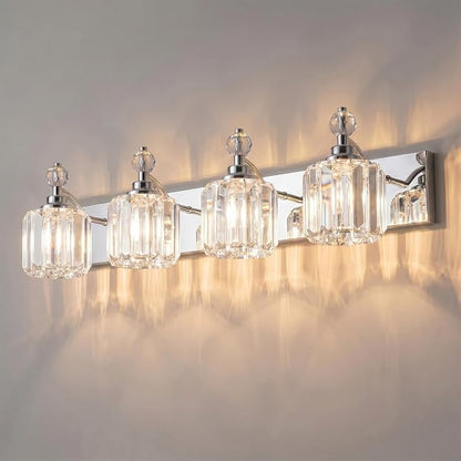 Chrome Light Fixtures, 4 Light Bathroom Vanity Light with 42pcs Crystal Sheet, 30in Modern Vanity Light, Bathroom Lighting Fixtures Over Mirror