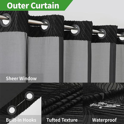 eachope no Hook Shower Curtain and Liner Set，Boho Style with See Through Top Window, Black Fabric Tufted Striped Textured Outer Curtain & Waterproof Inner Liner, DarkBlack, 71Wx86H